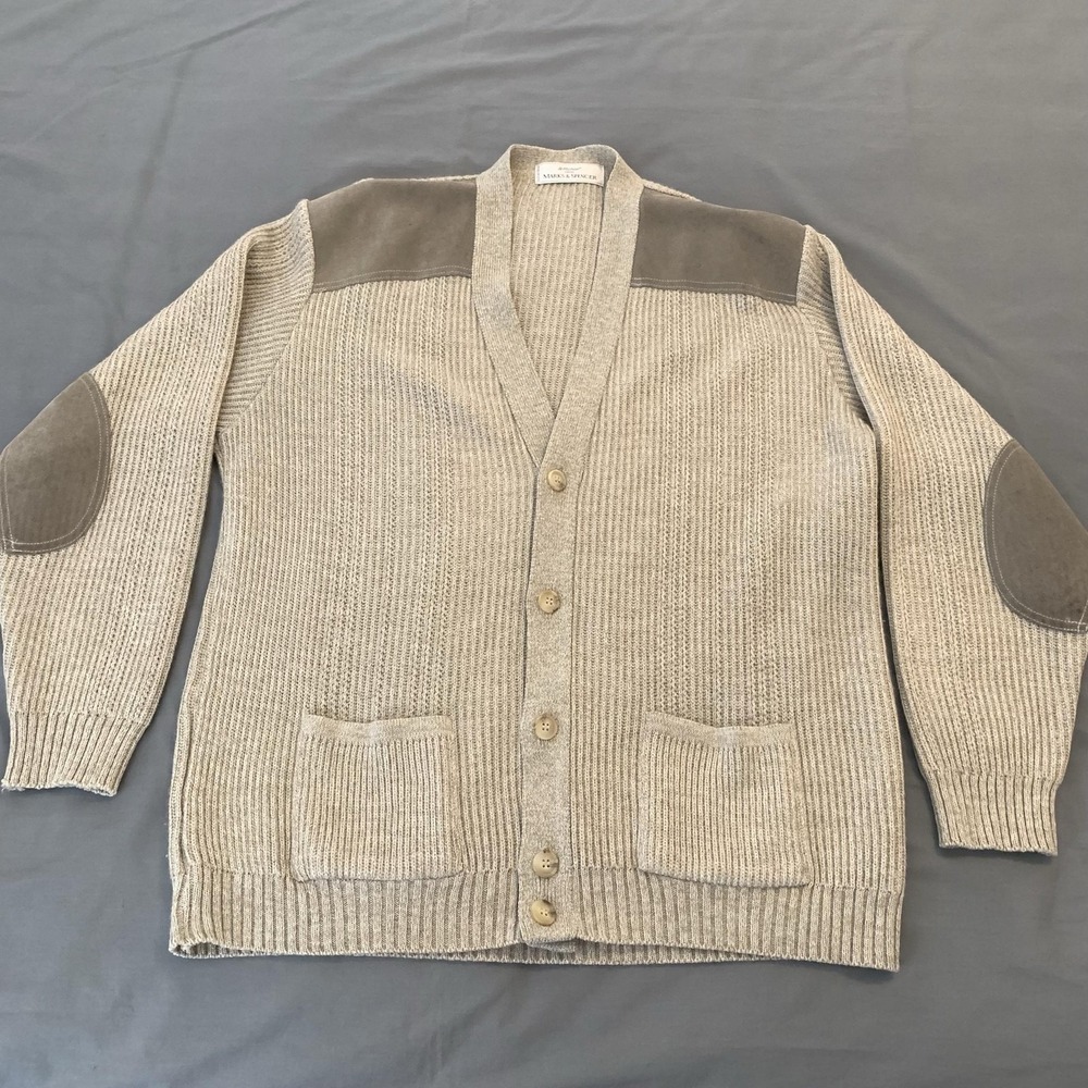 Vintage St Michael Sweater Mens XL Beige Cardigan Suede Shoulder Elbow Patches